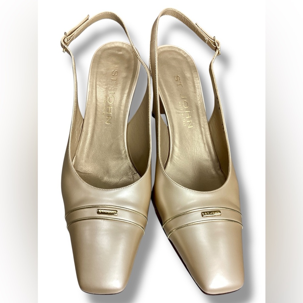 St. John Slingback Heels Gold Buckle square Toe pumps preppy classic